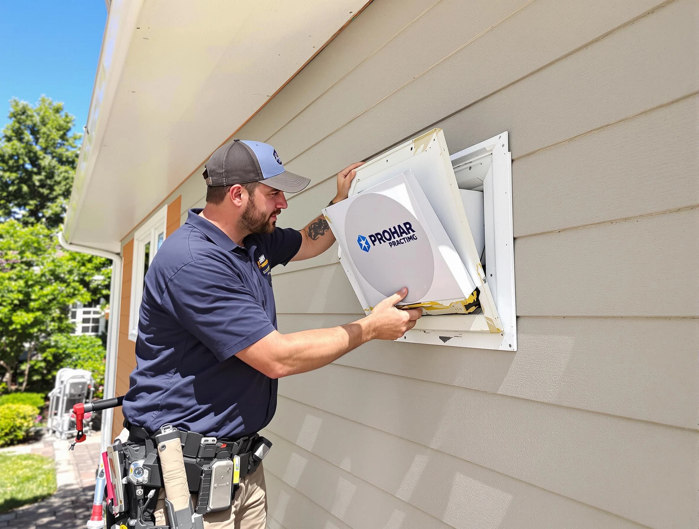 Revere Dryer Vent Cleaning technician installing a new protective dryer vent cover on a home in Revere