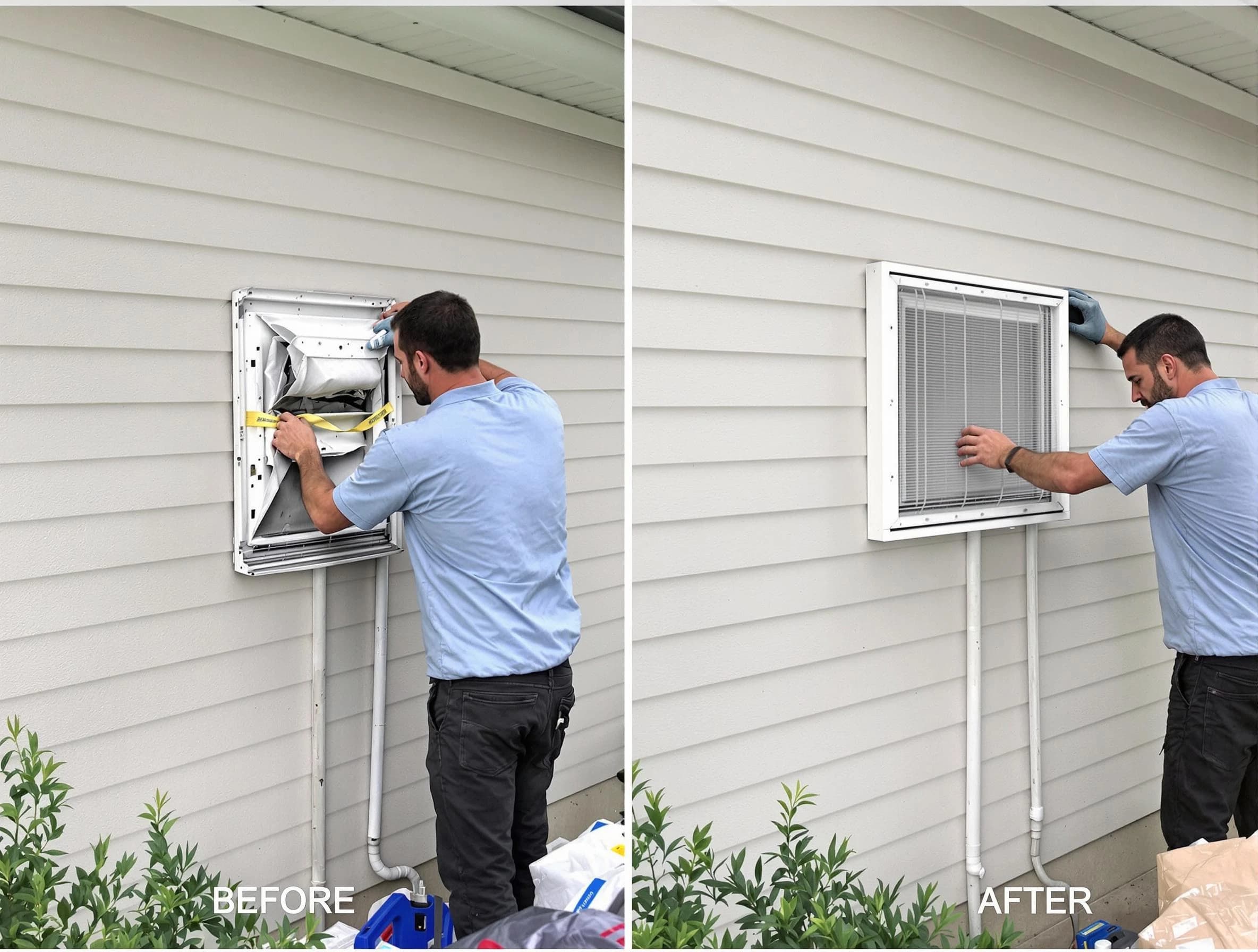Revere Dryer Vent Cleaning technician installing high-quality dryer vent cover at a residential property in Revere