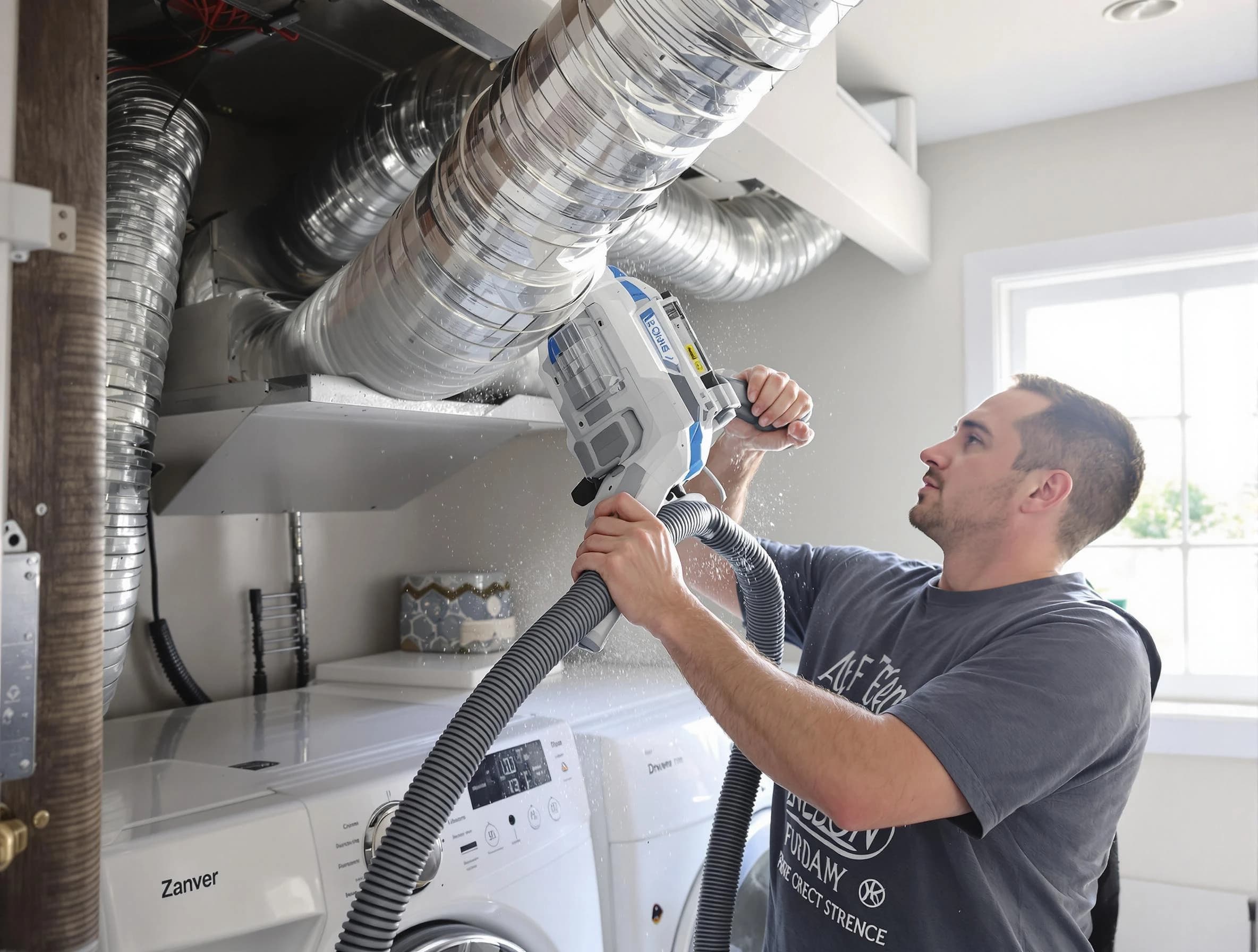 Revere Dryer Vent Cleaning specialist cleaning deep within a dryer vent duct system in Revere