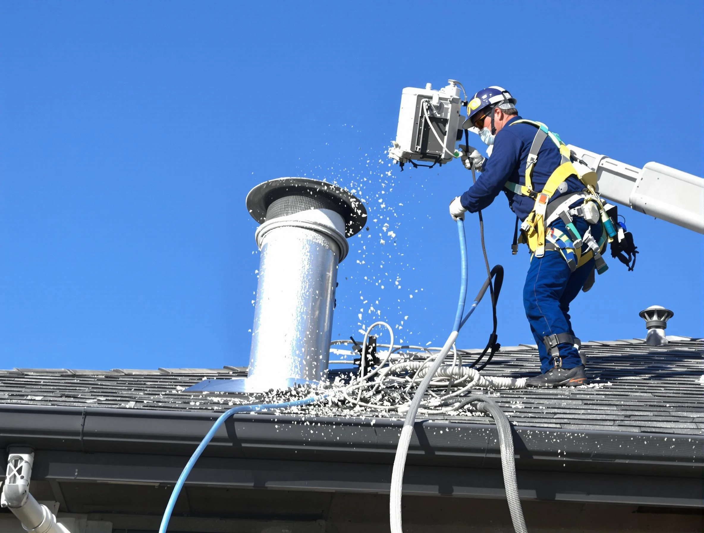 Revere Dryer Vent Cleaning certified technician safely cleaning a roof-mounted dryer vent in Revere